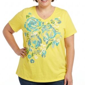 NWOT Just My Size Yellow V-Neck Tee with Blue Floral Print